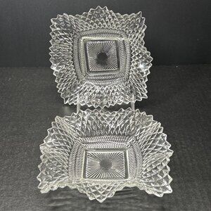 Vintage Indiana Glass Square Diamond Point Candy Nut Dish Ruffle Edge - Set Of 2